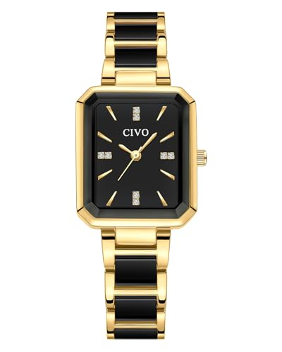 CIVO Armbanduhr Damen Rechteckiges Damenuhr: Quartz Analog Wasserdicht Edelstahl Uhren - Modische Geschenke für Mama Frau Freund, Gold Schwarz
