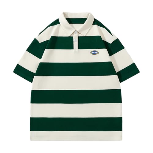 Tobysper Polo de manga corta para hombre, estilo vintage, a rayas, con botones, camiseta ligera de golf, verde menta, L