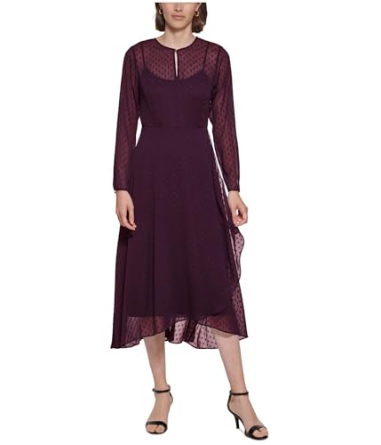 Image of Tommy Hilfiger Women's Long Sleeve Keyhole Neck Chiffon Hi-lo Midi Dress