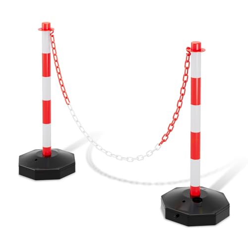 Eulenke 1 Set（2 Stück） Absperrpfosten 85 * 28.5 * 28.5 cm, Sperrpfosten mit Kunststoffketten(140cm), Befüllbarer Boden, Geeignet für Parkplätze, Straßenwartungsabschnitte usw, rot-weiß