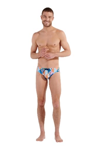 HOM Herren Port CROS Badehose Swim Briefs, Postkarte mit Rautenmuster, Orange/Blau, 48