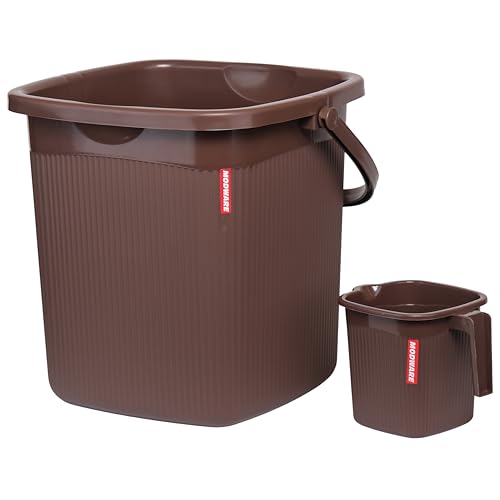 Image of Modware Square Ribbon Plastic Bucket Set with Mug | 18L Brown Bathroom Bucket with Handle + 1L Mug | Heavy-Duty Polypropylene + Co-Polymer | Stylish & Durable Bath Set (Brown)