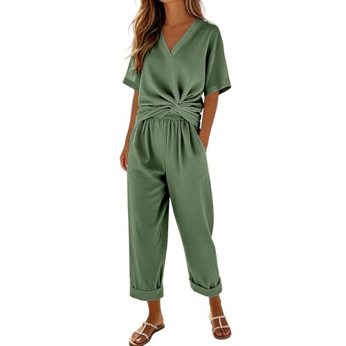 Traje de lino de 2 piezas para mujer pantalón holgado manga corta cómodo