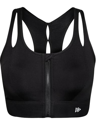 Yvette Sports Bras for Women High Impact Support, Front Zipper Running Bra Plus Size, No Bounce with Racerback & Sewn in Pads,Black,38D 38DD 38DDD