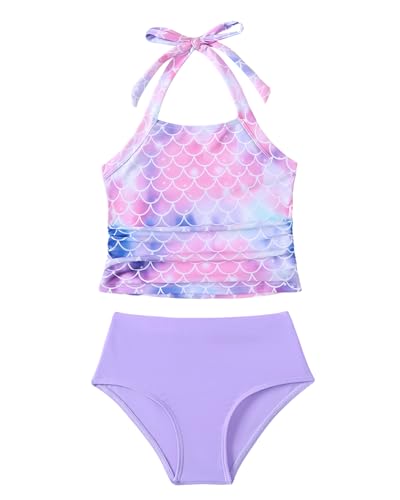Image of Saeaby Toddler Little Girls Swimsuit Summer Halter Ruched Tankini 2 Piece Bathing Suit for Girl Beach Swimwear 3-8Y