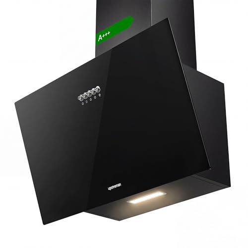 Upstreman Campana extractora 60cm A+++, 3 velocidades (324 m³/h Max), evacuación/reciclaje, campana de cocina con filtro de carbón, silenciador máx. 56 dB, Iluminación LED, diseño inclinado, HS60