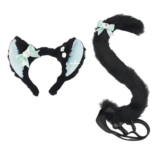 QUICOMP Cat Ears Tail Costume Cat Ear Headband Fox Ear Tail Cat Cosplay Props (Black Green)