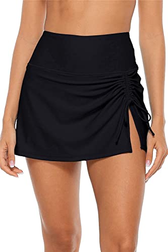 CharmLeaks Women Swim Skirt Ruched Swimsuits Side Slit Pull Tie Bikini Bottom Black XL