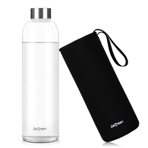 LETREEN Gourde en Verre 1 Litre, 1L avec Housse en Néoprène, sans BPA, étanche et Réutilisable, Bouteille en Verre 1 Litre pour Maison, Voyages, Sport, Yoga, Gym, Boissons Chaudes Froides