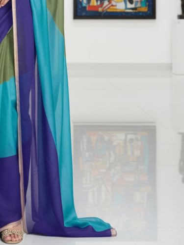 Image of AKHILAM Women's Multicolored Organza Colorblocked Printed Saree With Unstitched Blouse Piece (ALIA1014 AI)