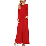 YS.DAMAI Women Long Sleeve Loose Plain Maxi Dresses Casual Pleated Long Dresses with Pockets(Red,XL)