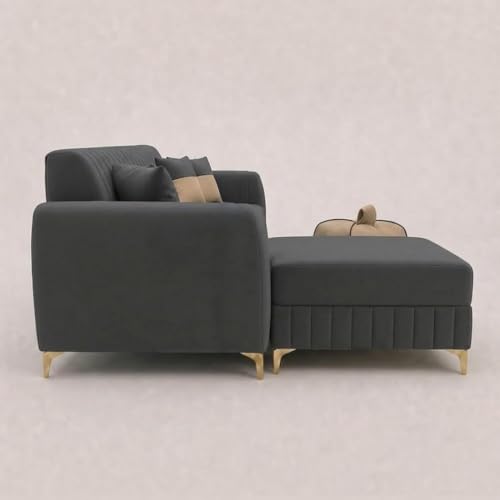 Image of CASASTYLE Signature Velour 4-Seater L-Shape Sofa Set with Movable Ottoman & Suri Pouf | Flexible LHS /RHS Layout | Boston Fabric | 40D Foam + Zigzag Spring | 3-Yr Warranty (Ash Grey, Sand Beige)