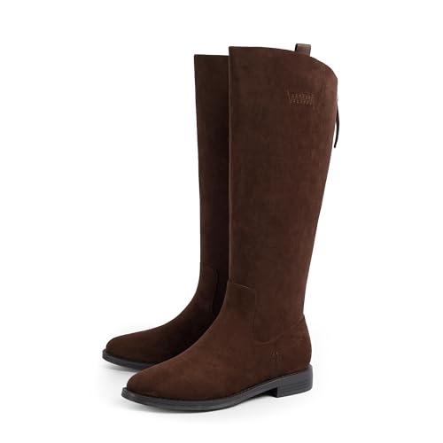 Image of Modatope Knee High Boots Women Rounded Toe Flat Retro Bais Opening Low Chunky Heel Riding Boots