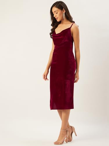 Image of Anvi Be Yourself Women's Solid Shoulder Strap Sleeveless Velvet Bodycon Dress || Trendy Womens Cowl Neck Strappy Sheath Casual Dress with Side Slit || Western Plain One Piece Dress for Women Maroon