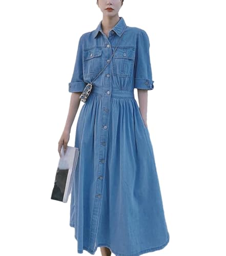 Women's Summer Blue Denim Dress French Half Sleeve Single Breasted Maxi  Dress Thin Denim Shirt Dress at Amazon Women's Clothing store