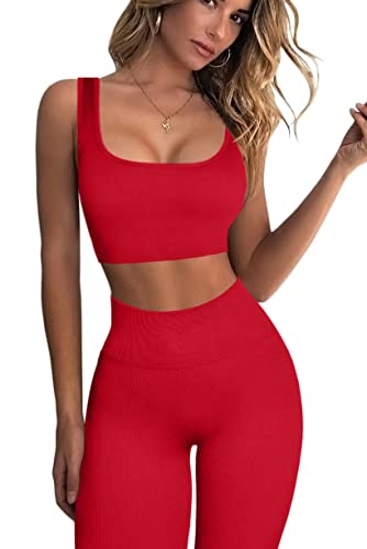QINSEN Ribbed Workout Outfits for Women 2 Piece Seamless Sport