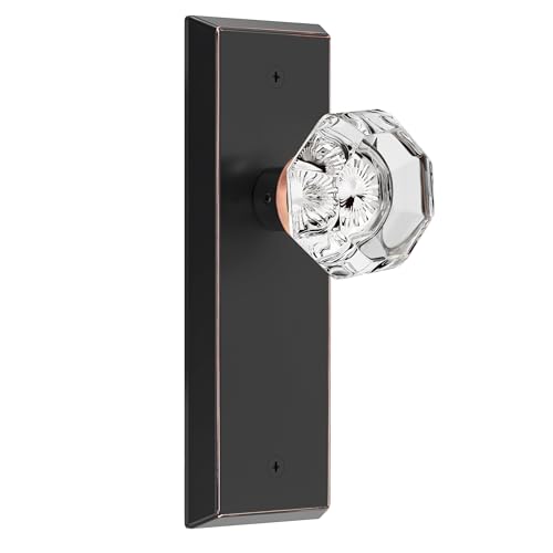 Image of Glass Door Knobs for Interior Doors - Vintage Crystal Passage Closet & Hallway Door Knob - Diamond Cut Door Handle - Oil Rubbed Bronze Finish (1 Pack)