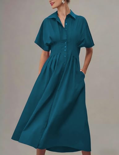 Image of Yeokou Shirt Dress for Women Summer Casual Short Sleeve Button Down Loose Pleated Maxi Sundress with Pockets