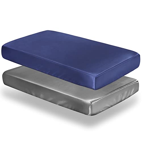 Image of SiinvdaBZX 2 Pcs Satin Mini Crib Sheets 38 x 24In, Grey & Navy | Silk-Like Soft Mini Portable Crib Sheets Mattress Cover Portable Playard Sheets with 5In Deep Pocket, Great for Baby Hair