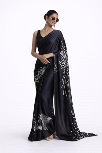 Image of Japan Satin Floral Print Saree for Women with Blouse Piece - Satin Finish Draped Saree