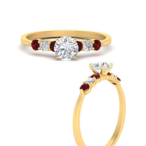 Image of Choose Your Gemstone Round Accented Diamond CZ Ring Yellow Gold Plated Round Shape Side Stone Engagement Rings Matching Jewelry Wedding Jewelry Easy to Wear Gifts US Size 4 to 12