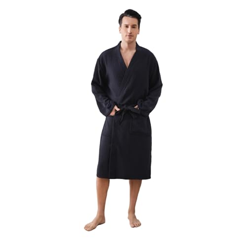 Mens Robes Waffle Lightweight Spa Knit Shawl Hotel Bathrobe Summer Soft Knee Length Sleepwear