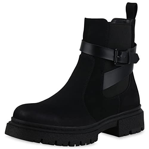 VAN HILL Damen Leicht Gefütterte Biker Boots Stiefeletten Blockabsatz...