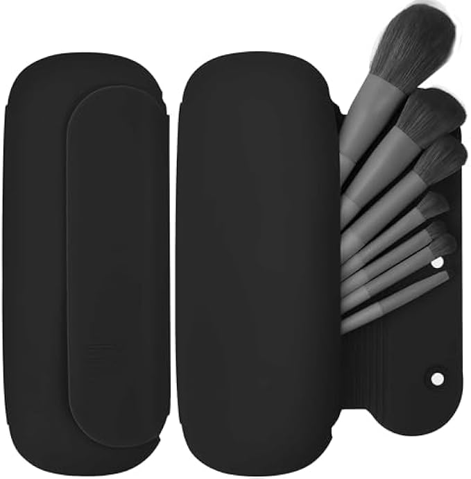 Travel Makeup Brush Holder,Silicon Portable Cosmetic Face Brushes Holder with Built-in Brush Cleaner,Upgrade Travel Essentials Makeup Brush Case,Makeup Tools Organizer for Travel,(Black)