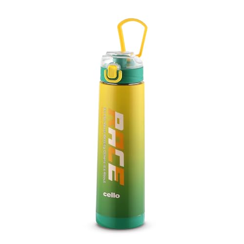 Image of CELLO Puro Steel-X Race Insulated Water Bottle for Daily Use 600 ml Green | Stylish Colorful Easy Press Open Leak Proof Inner Steel Insulated Water Bottle for School, College, Travel, Biking & Office