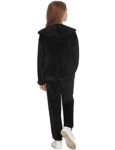 Greatchy Girls 2 Piece Solid Velvet Tracksuit Set Full Zip-Up Hooded Sweatshirts & Pants Set #TOP5
