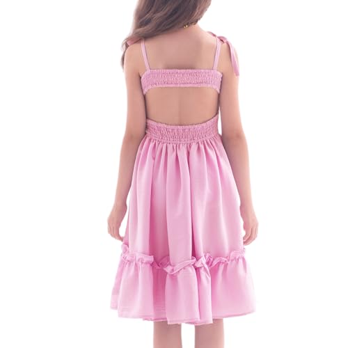 WELAKEN Girls Summer Dress A-Line Spaghetti Strap Open Back Twirl Sundress for Kids