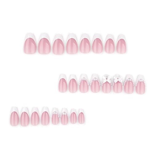 Image of Secret Lives Acrylic Press on Nails Reusable Artificial Designer Fake Nails Extension Pink 24 Pieces Set with Kit (White Pearl, Pink)
