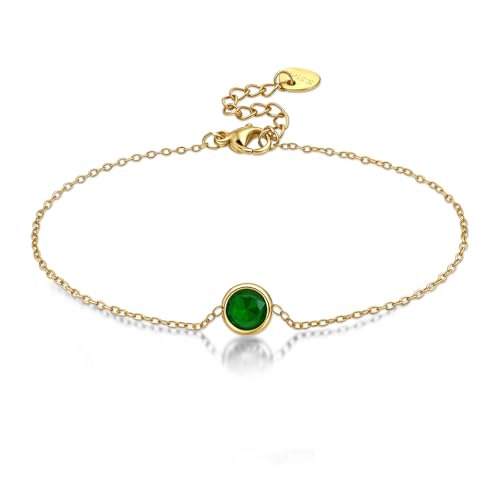 Weviway 14K Gold Plated Emerald Tennis Birthstone Bracelets for Women - Dainty Simple Charm Green Gemstone Bracelet, Stackable Friendship Jewellery Gifts