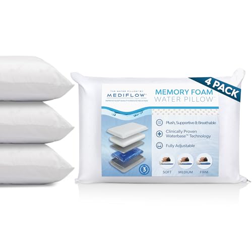Mediflow Water Pillow Memory Foam re-Invented with Waterbase Technology - Clinically Proven to Reduce Neck Pain & Improve Sleep Quality. (4 Pillows)