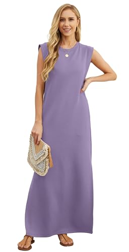Image of GRECERELLE 2026 Women Year-Round Casual Round Neck Loose Split Wrinkle-Free Long Maxi Vacation Dress with Pockets (XXS-4XL)