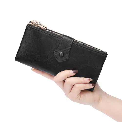 Image of GOIACII Wallet for Women Ladies Wallets Double Zippers Clutch Purse Black | Bifold Ladies Card Holder,Zipper Pockets,Ladies Wallets,Vintage Wallets for Women