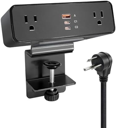 Desk Clamp Power Strip USB C 100W, Desktop Edge Mount Fast Charge Station 3 PD USB Port 2 AC Outlets 6ft Braided Extension Cord Flat Plug Fit Max 3.26’’ Tabletop Edge for Gaming Office Table. image 4