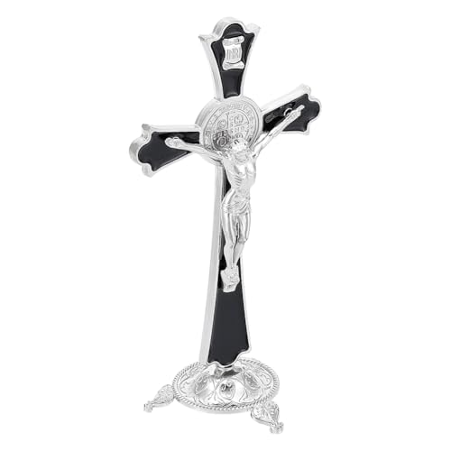 UNICRAFTALE Crucifijo de mesa de metal con platino para altar en casa, exhibición en cruz, 10,5 x 7,4 x 20,7 cm, regalo para decoración del hogar, oraciones