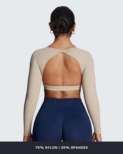 Image of Aoxjox Women's Define Sculpt Long Sleeve Crop Tops | buttery soft fabric,curved hem,hollow back, low support, removable pads, workouts,yoga,gym, daily wear