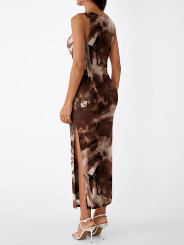Image of Trendy Queen Bodycon Maxi Dress Womens Sleeveless Floral Print Fitted Party Club Ruched Dresses with Side Slit