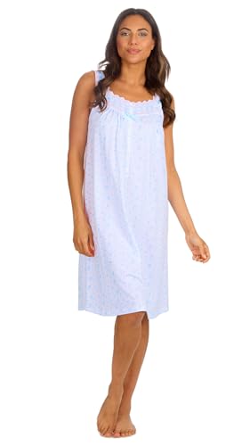 Nikaro Camisón corto sin mangas 100% algodón para mujer, ligero y transpirable, estampado floral, botones frontales, azul, 46-48