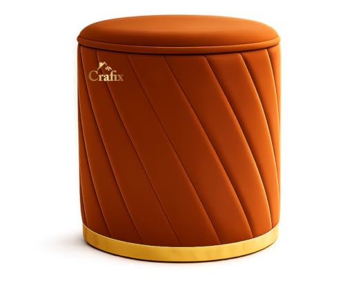 Image of Luxury Velvet Ottoman Stool for Living Room & Bedroom | Premium Round Pouffe with Gold Metal Base | Modern Footrest, Extra Seating & Home Decor (Brwon Single)