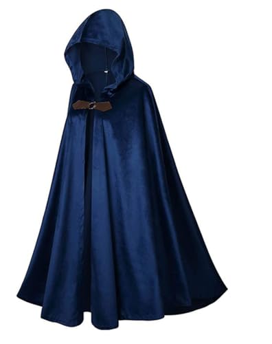 RongXuan Halloween Costume Renaissance Cape with Hood Costume Velvet Coat for Men Women Victorian Steampunk Medieval Cosplay Cape (Blue - Image 2