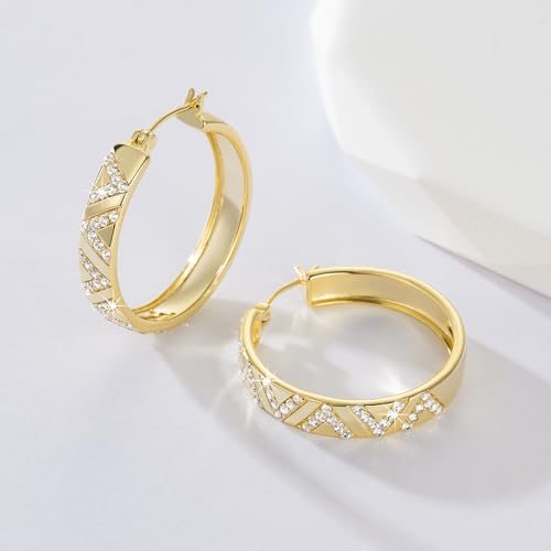 14K Gold Hoop Earrings for Women 14K Gold Earrings V-Shaped Cubic Zirconia Inlay Thick Hoops Womens Earring 25/30mm 6