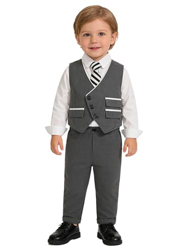 Jugaoge Conjunto de ropa para bebé y niño, elegante, chaleco + camisa de manga larga con pantalones y rayas corbata para niños pequeños, gris, 86-92