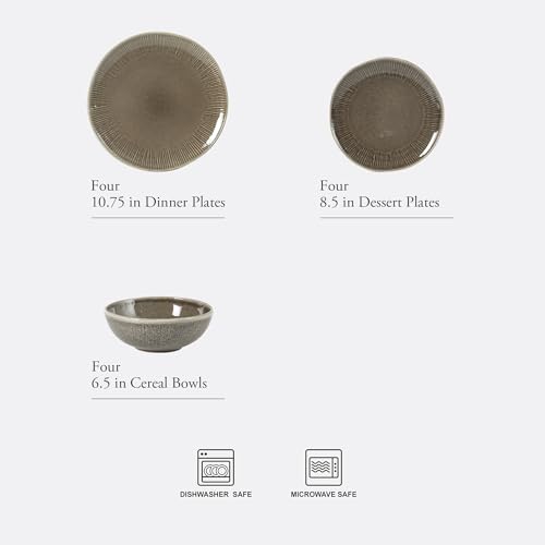 Image of Gibson Elite Sandy Pines Stoneware Plates and Bowls Set - 12 Piece Reactive Glaze Dinnerware Set - Service for 4 - Dishwasher and Microwave Safe - Brown