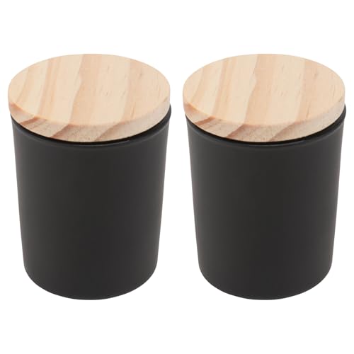 BESTonZON Vasos para velas aromáticas de vidrio negro mate 5x6 cm, resistentes a caídas, 2 unidades con tapa de madera, tarros para hacer velas caseras y aromaterapia en hogar y yoga