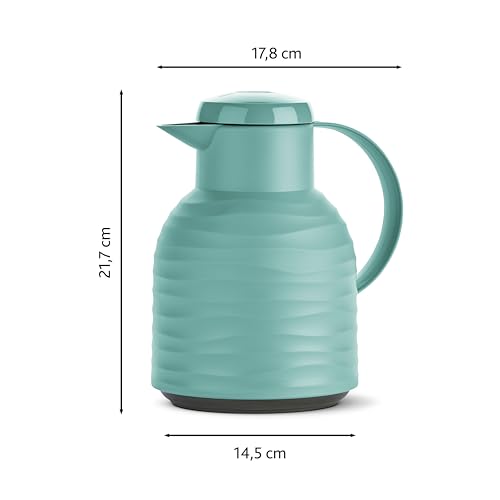 Foto von Emsa Samba Wave Isolierkanne, 1 Liter Fassungsvermögen, Quick Press Verschluss, 100% dicht, 12h heiß und 24h kalt, mit Glaskolben, made in Germany, Puder-Grün, N4010800
