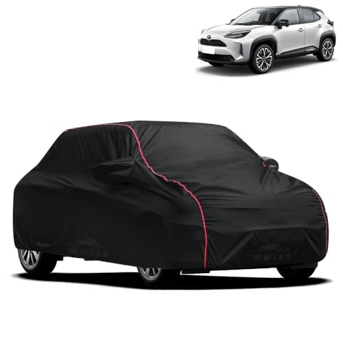 Image of Waterproof Car Cover for Toyota Yaris | All-Weather Protection, Dustproof & UV Resistant | Triple Stitched Mirror Pockets, Windproof Buckle Strap with Elastic Hem, Black-Red Piping