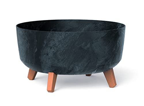 XXL Large Round Low Modern Look Planter Flower Plant Pot Indoor Outdoor Garden Decor Wooden Look Legs (Anthracite)